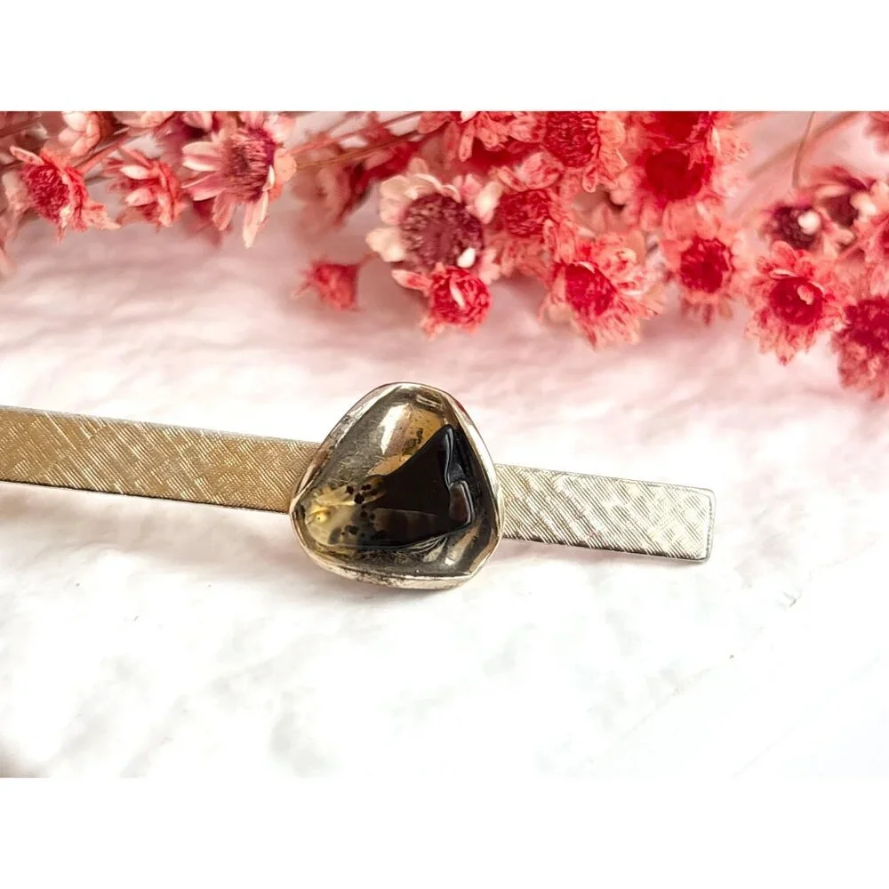 Faux Amber Textured Gold Toned Vintage Men's Tie Bar | Tie Clip
